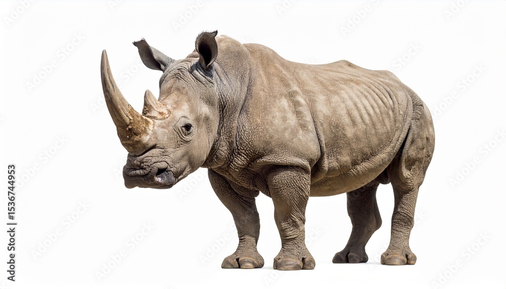 Obraz premium Majestic rhinoceros with prominent horn and textured skin perfectly isolated on white canvas