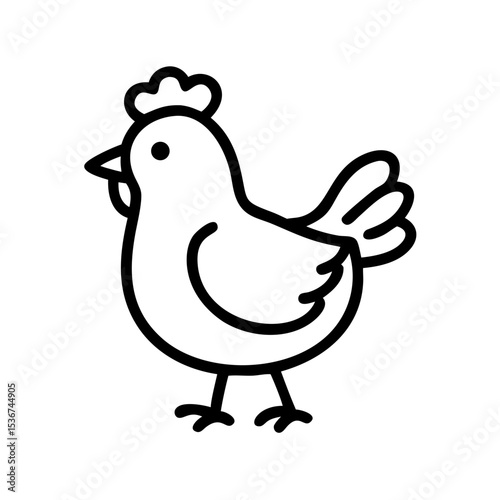 Cute cartoon chicken standing proudly in a minimalist style on a white background ideal for children's artwork or farm themes