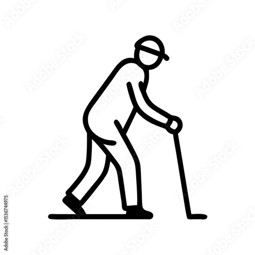 Elderly man walking with cane in a simple line drawing style