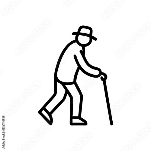Elderly person with a cane in simple line art, highlighting daily life and mobility with minimal details