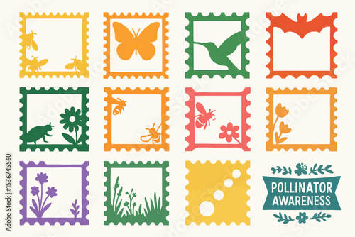 Pollinator Awareness Stamp Icons Celebrating Biodiversity and Nature
