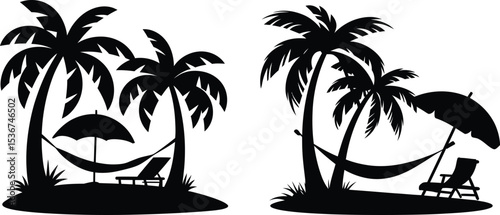 Tropical Paradise Silhouette with Palm Trees Hammock Beach Chair and Umbrella for Relaxation