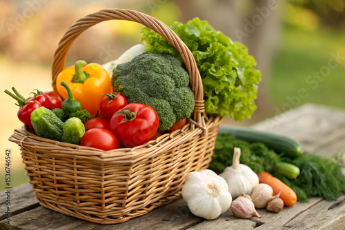 A Woven Basket Overflowing With Freshly Picked Colorful Vegetables On Weathered Wood Planks In Rural Countryside