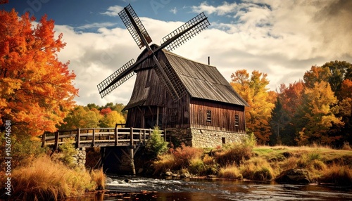 Beautiful vintage poster style mill set against a vibrant autumn landscape with colorful foliage