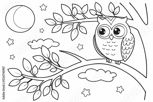 simple coloring page of a wide-eyed owl perched on a tree branch, with a large, friendly moon and stars in the background, clean and thick lines, for toddlers