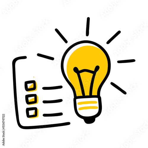 Bright light bulb illuminating a checklist on a white background for creative ideas and organization