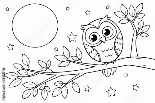 simple coloring page of a wide-eyed owl perched on a tree branch, with a large, friendly moon and stars in the background, clean and thick lines, for toddlers