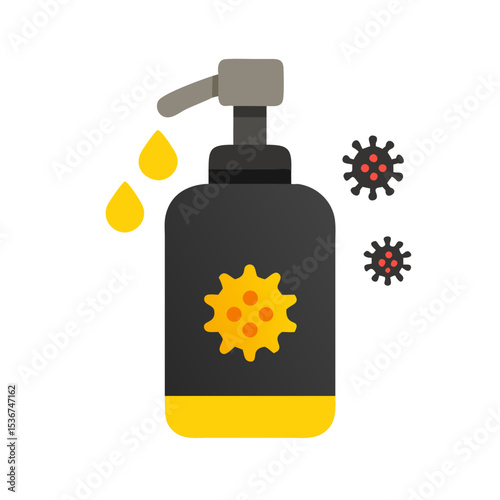 Hand sanitizer bottle with virus icons and droplets, promoting cleanliness and health in public places