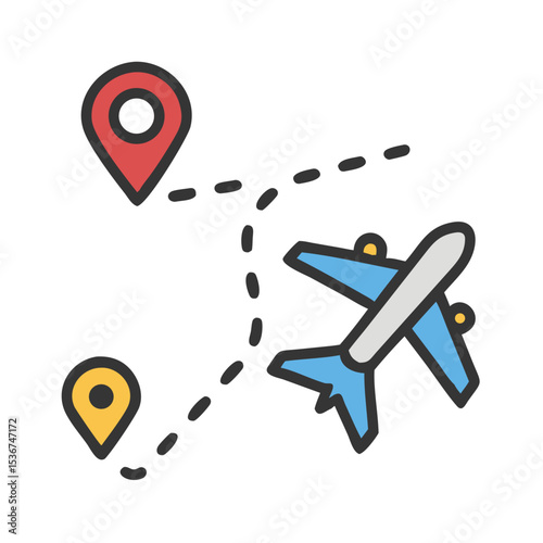 Airplane flying on a route between two destinations represented by location markers