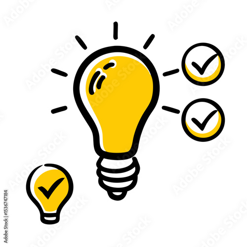 Yellow light bulb icon depicting ideas and creativity with check marks emphasizing confirmation and approval in a digital style