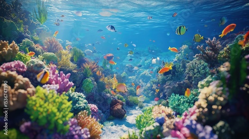 A breathtaking underwater view of a thriving coral reef ecosystem, teeming with colorful fish and marine life. Eco-divers carefully remove plastic debris