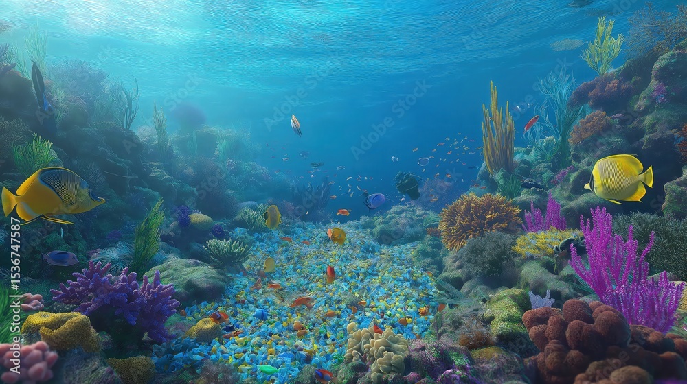 Naklejka premium Colorful coral reef teeming with small fish underwater in bright blue ocean.