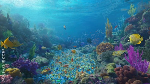 A breathtaking underwater view of a thriving coral reef ecosystem, teeming with colorful fish and marine life. Eco-divers carefully remove plastic debris