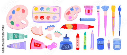Crayon drawn set of art painting supplies and colorful childish stationary. Paint tubes, brushes, palettes and kid's school stationery. Doodle art supplies, funky icons with pencil texture.
