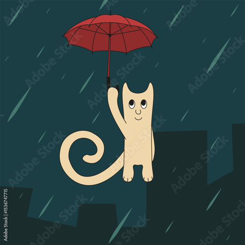 Nursery kids art. Whimsical cat with umbrella fly over the night city in rain. Child poster, wall decor, silly copybook backgorund. 