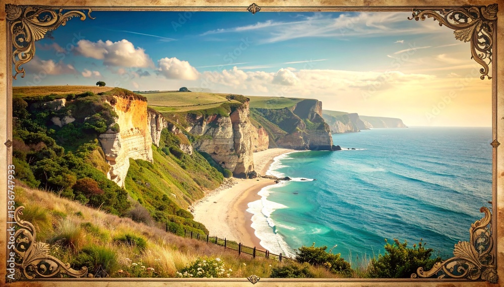 Fototapeta premium Stunning cliffs of the english countryside with vintage poster aesthetic and dramatic hues