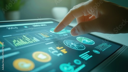A close-up of a hand using a futuristic touchpad to navigate a sustainability-focused business report. 