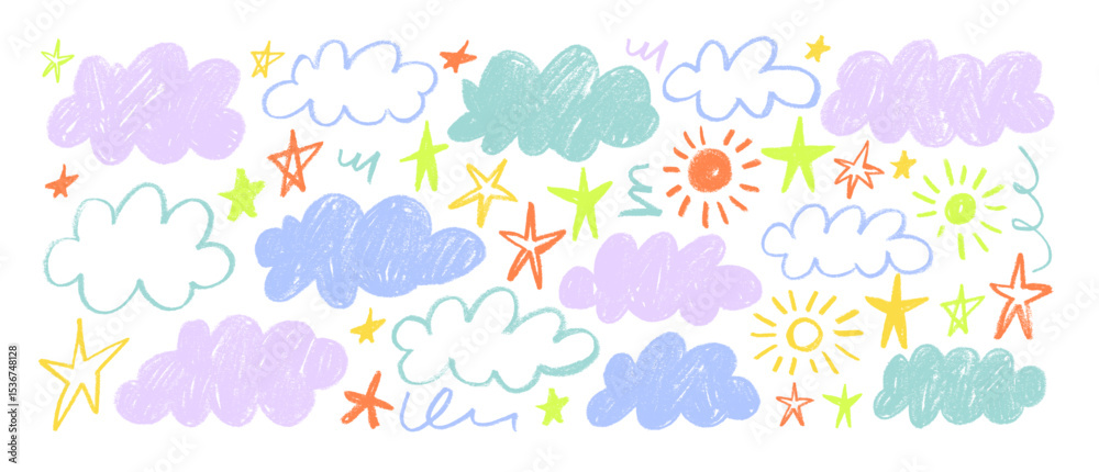Pastel colored crayon drawn cute kid clouds, sun and stars. Vector naive colorful childish doodle clouds. Naive funky cute ink illustration. Pencil scribbled texture. Funky sky childish elements.