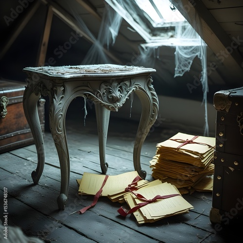 This image presents a close-up view of an antique, highly decorative wooden table with intricate carvings, positioned in a dim, dusty attic. A single ray of light from a window above illuminates the t