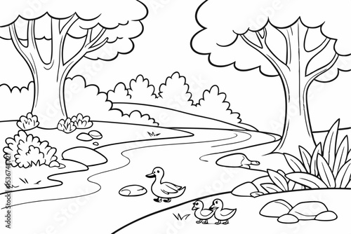 simple coloring page of a river flowing through a forest, with smooth stones on the bank and a family of ducks swimming, large simple trees on both sides, thick lines, for children