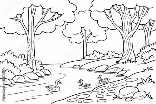 simple coloring page of a river flowing through a forest, with smooth stones on the bank and a family of ducks swimming, large simple trees on both sides, thick lines, for children