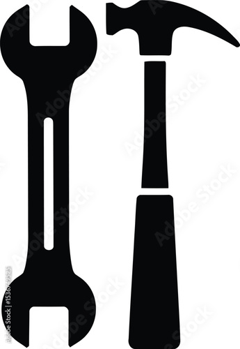 Simple Black Silhouette of a Wrench and Hammer on a White Background