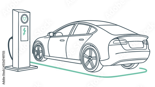 Vector Illustration of Electric Car with Charging Port Indicator Isolated on White Background