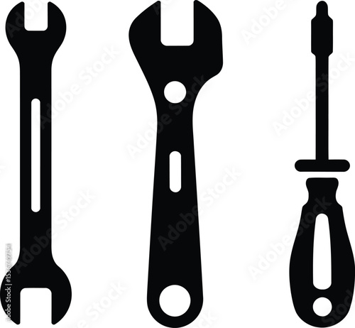Simple Black and White Illustration of Two Wrenches and a Screwdriver