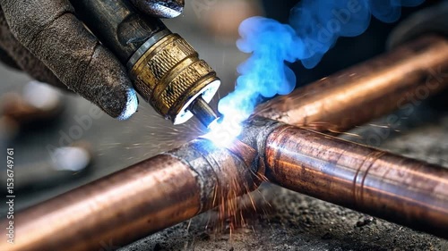 Skilled tradesman welding copper pipes with torch, creating sparks and smoke in workshop environment