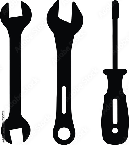 Simple Black and White Illustration of Wrenches and a Screwdriver on White