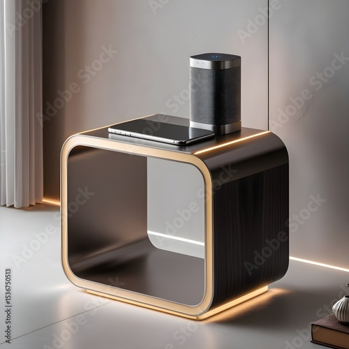 This image presents a modern, curvilinear table, possibly a bedside or side table, with a dark, metallic finish and striking LED strip lighting along its edges. On its flat surface, a smartphone is pl