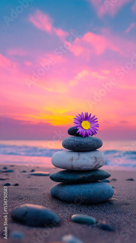Feng Shui and Zen concept with stack of stones, Pyramid of pebbles, Concept of harmony and balance. Balance stones against the sea. Rock zen in the form of scales	