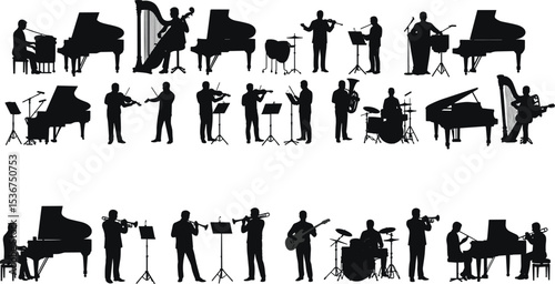Musicians playing instruments vector illustration, silhouette orchestra, classical band ensemble with piano, violin, harp, trumpet, drums, flute, artistic concept