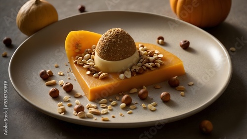 Layered dish of chestnut crumble, pumpkin cream, and pear slices on stoneware. Earthy textures in warm light evoke autumnal elegance. Copy Space. A study in tactility.