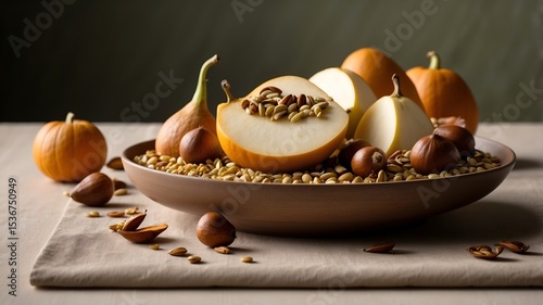 Layered dish of chestnut crumble, pumpkin cream, and pear slices on stoneware. Earthy textures in warm light evoke autumnal elegance. Copy Space. A study in tactility.