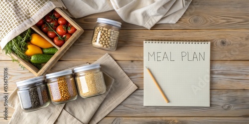 Cooking and planning healthy meals with fresh vegetables and ingredients on a wooden table