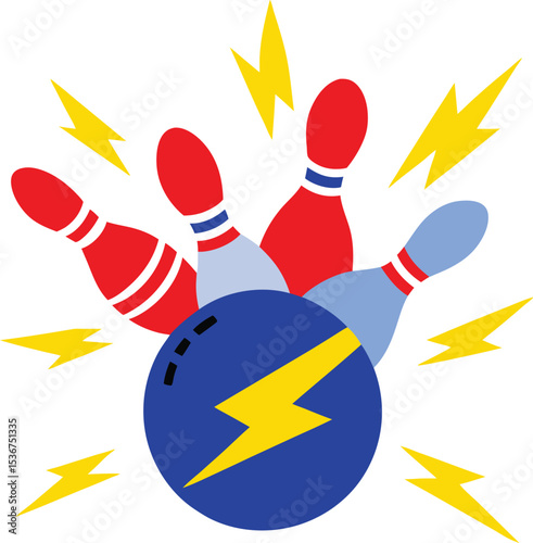 Bowling pins and ball with lightning bolts graphic