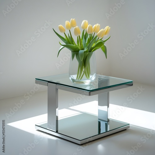 This image captures a vibrant arrangement of yellow tulips in a clear glass vase, situated on a contemporary glass and metal coffee table. The scene is set in a pristine white room, illuminated by nat