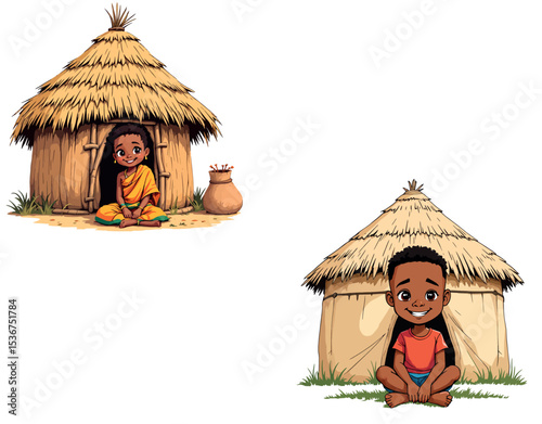 Vsai two african children sitting outside traditional huts