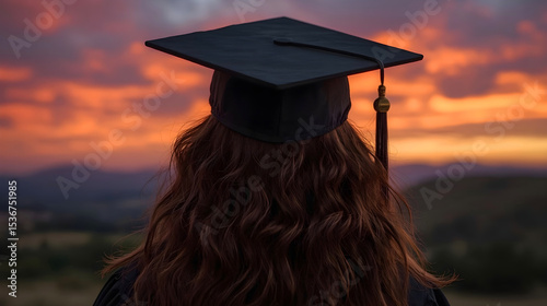 Peaceful sunset scene with graduate facing the horizon, great for motivational prints and personal growth concepts