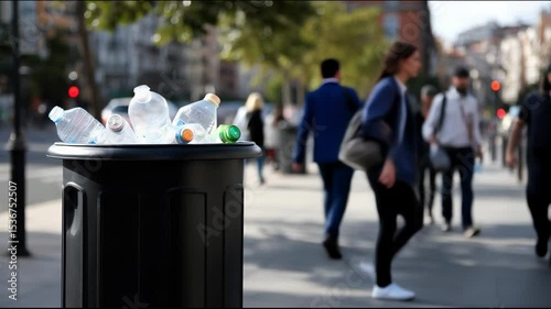 Trash bin filled with plastic bottles on a city street, with pedestrians walking by, showcasing urban waste management and environmental awareness in a bustling environment