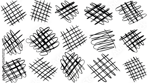 Collection of fifteen hand drawn black crosshatch patterns on a white background design element vector