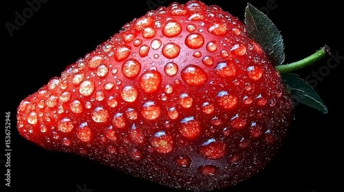 Macro shot of a ripe, red berry with water droplets against black