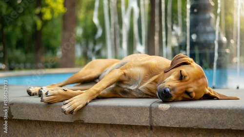 Dog lying peacefully on stone ledge near water fountain, surrounded by greenery, enjoying a sunny day in a tranquil outdoor park setting, showcasing relaxation and serenity