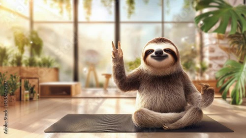 Cute sloth practicing yoga in a bright indoor space with plants, showcasing relaxation and mindfulness in a serene environment filled with natural light