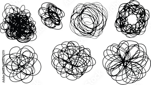 Seven abstract black scribble shapes on a white background with varying densities and line thicknesses present