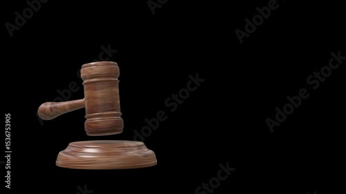 Court or auction gavel striking a wooden base - 3D rendered video