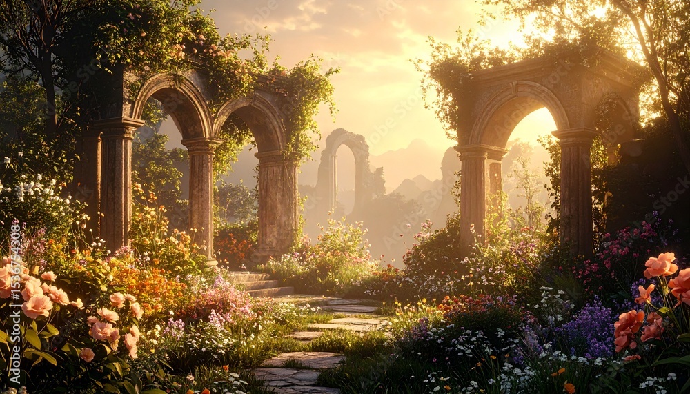 Fototapeta premium Enchanting garden with vibrant flowers and elegant arches creating a dreamy atmosphere
