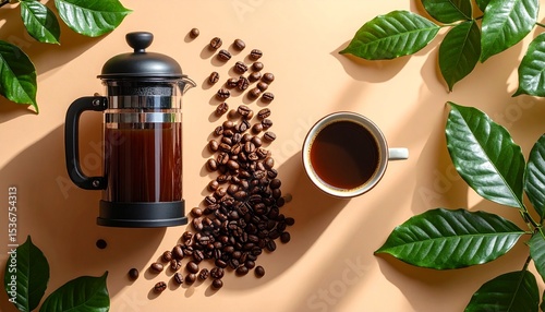 Cozy flat lay of coffee beans and french press with ceramic mug on glass surface