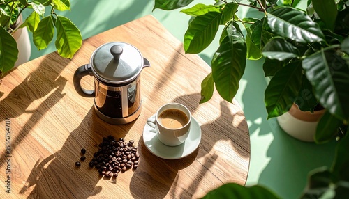 Cozy flat lay of coffee pot and ceramic mug with coffee beans on wooden surface